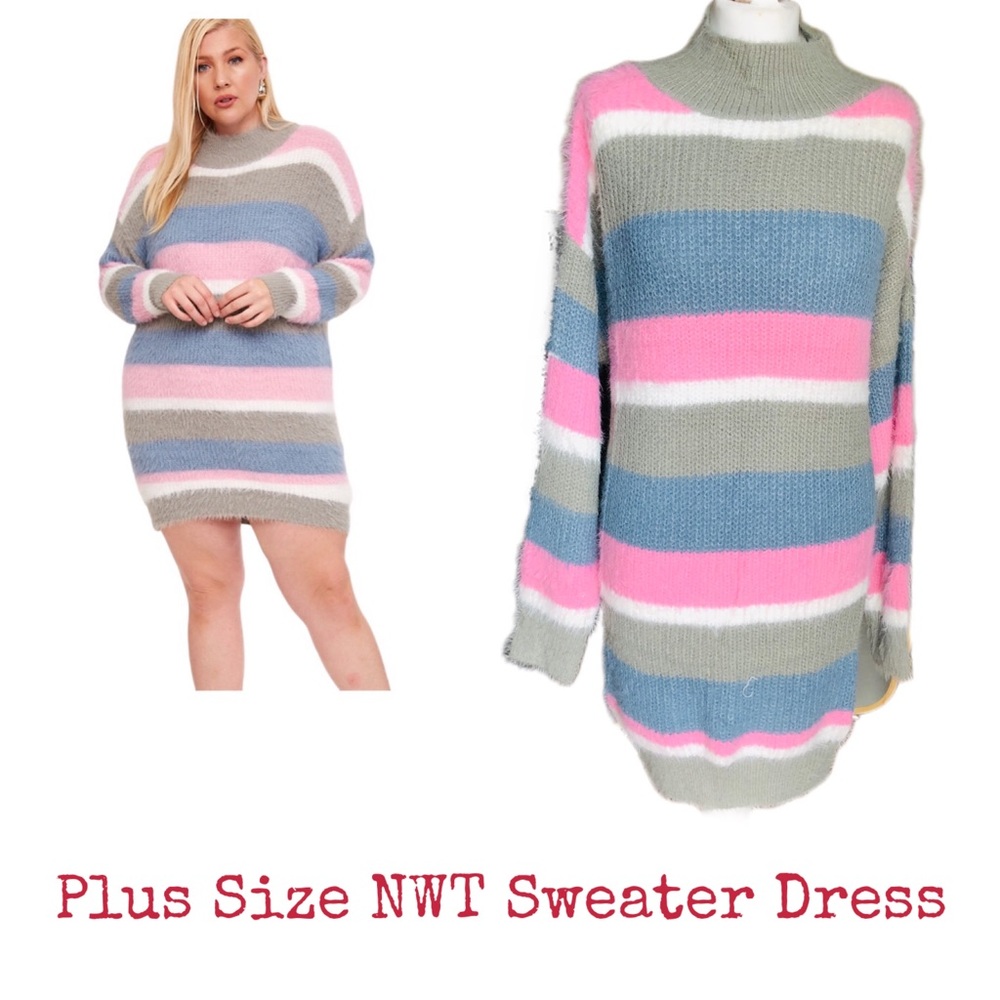 Plus Size Striped  Fuzzy Color Block Sweater Dress